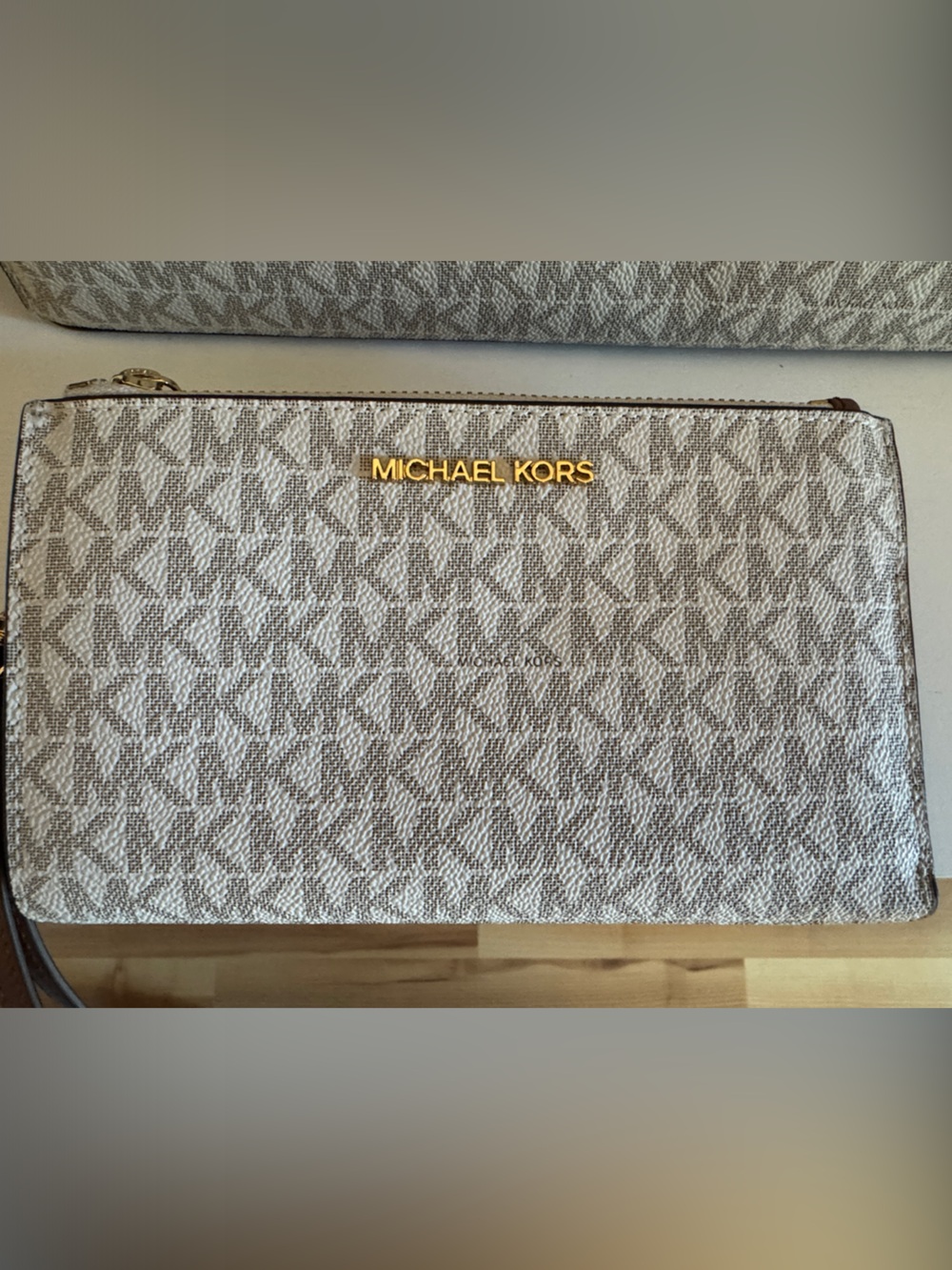 Michael Kors Signature Monogram Clutch in Beige and Brown